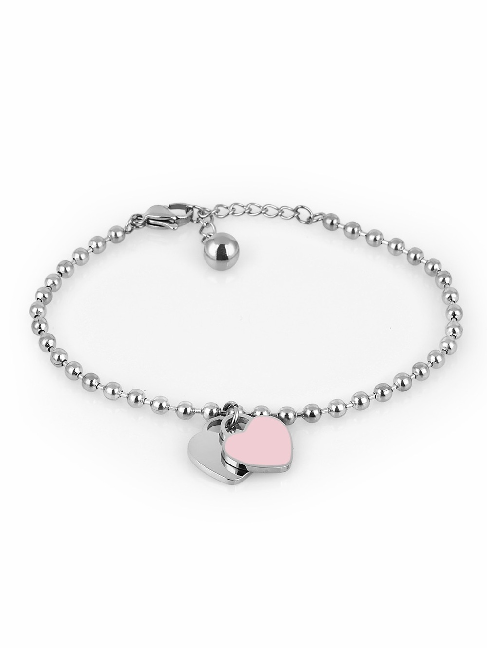 Daniel Klein Silver Stainless Steel Beaded Heart Charm Bracelet Pink Enamel